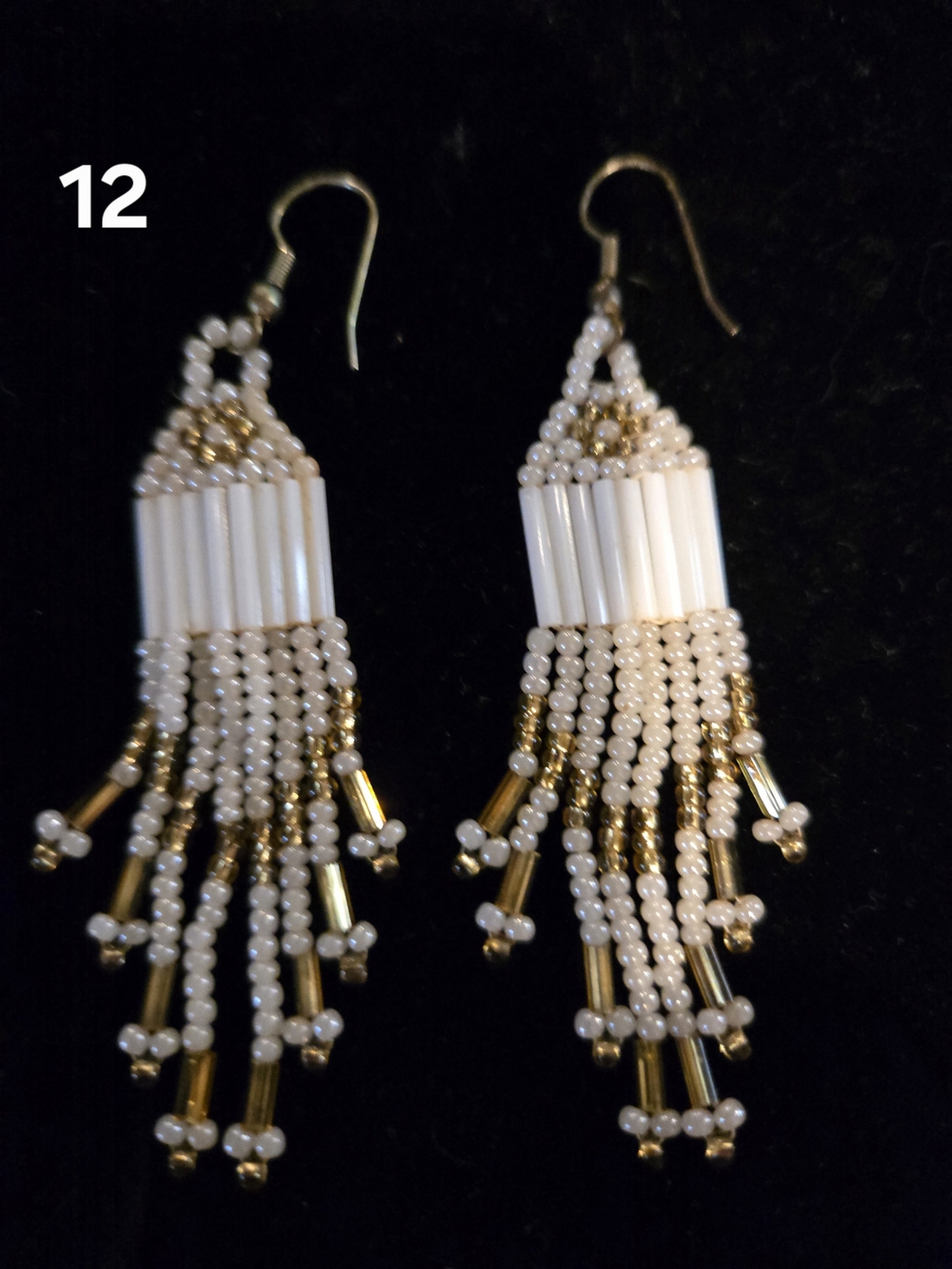 Handmade White and Gold Beaded Fringe Earrings